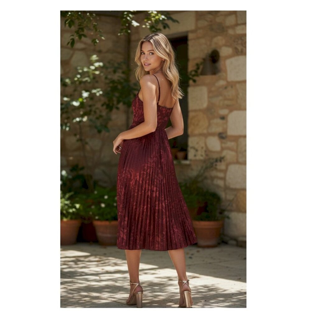 Lulus Chic Sensibility Burgundy Satin Jacquard Pleated Midi Dress Size XL New - Picture 6 of 12
